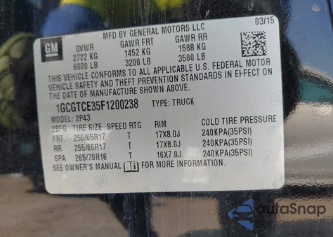 2015 Chevrolet Colorado Z71 z USA, uszkodzony, nr VIN 1GCGTCE35F1200238